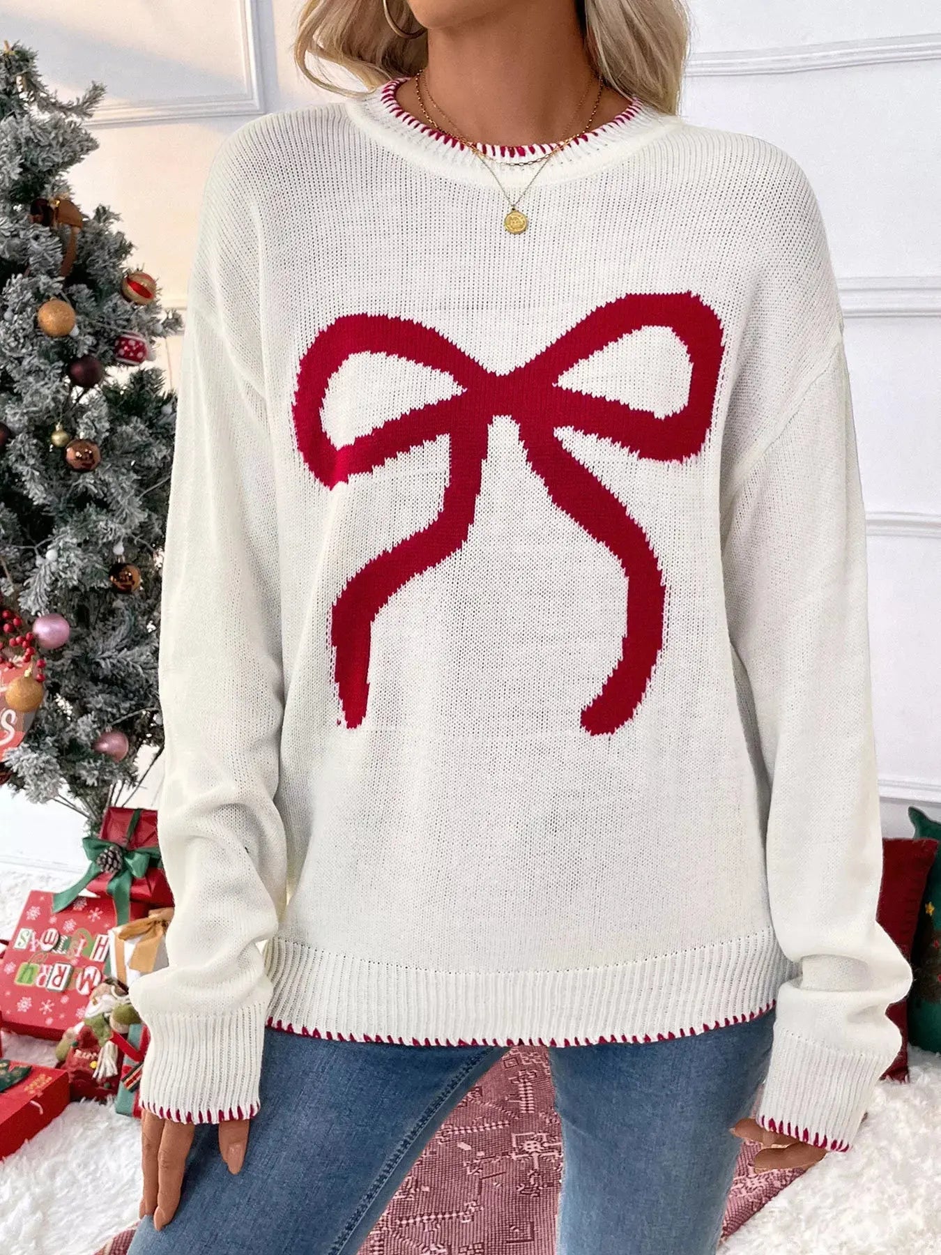 Bow Round Neck Sweater Simply Love