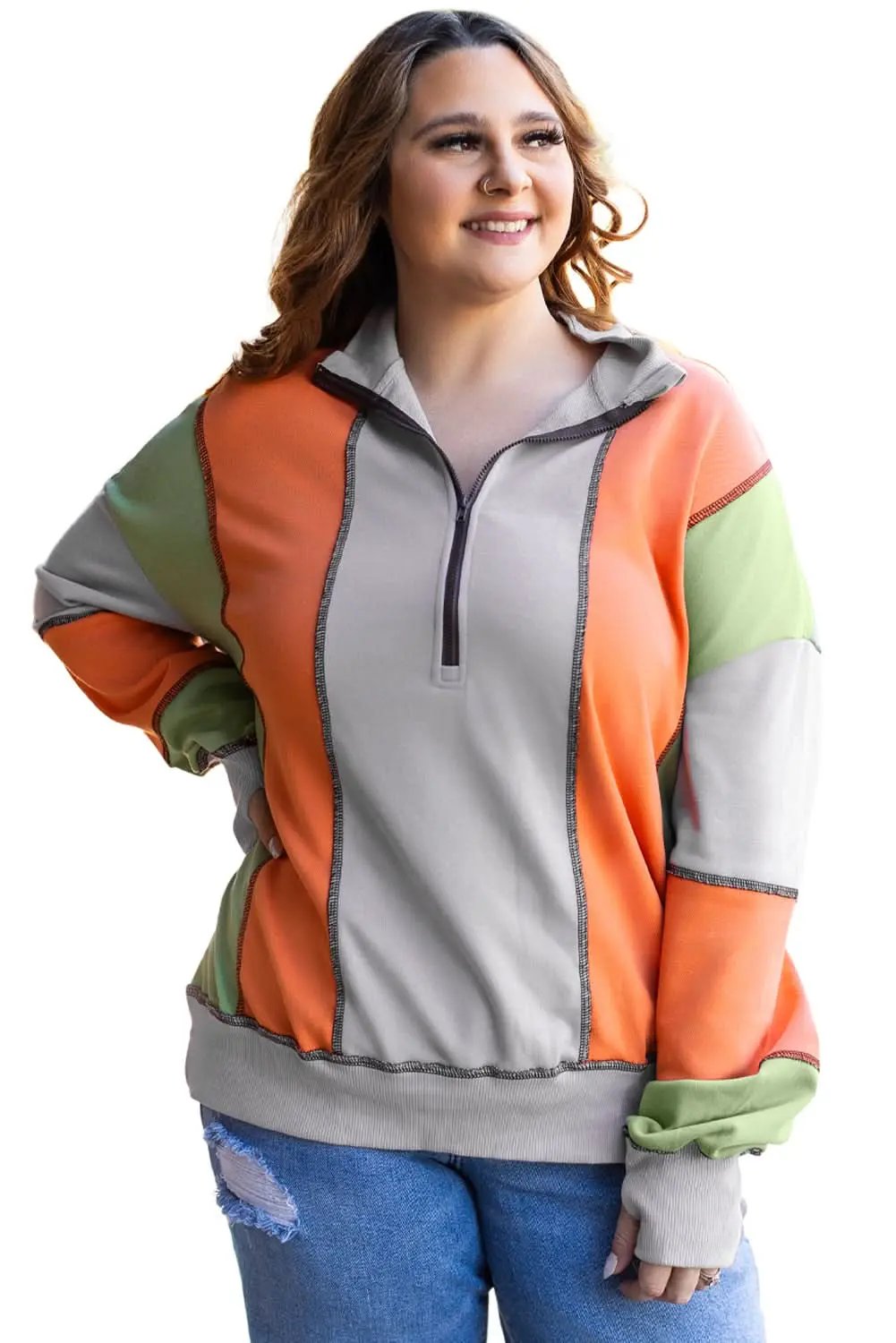 Light Grey Color Block Stitching Detail Half Zipper Sweatshirt - Love Salve 