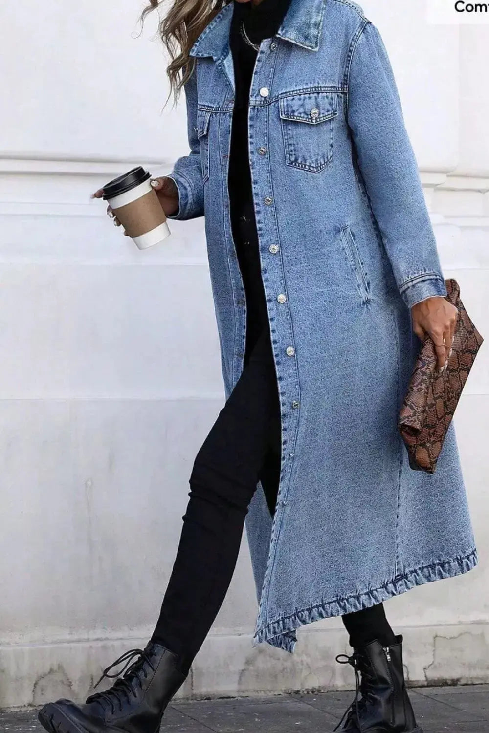 Longline Button-Front Denim Jacket Simply Love