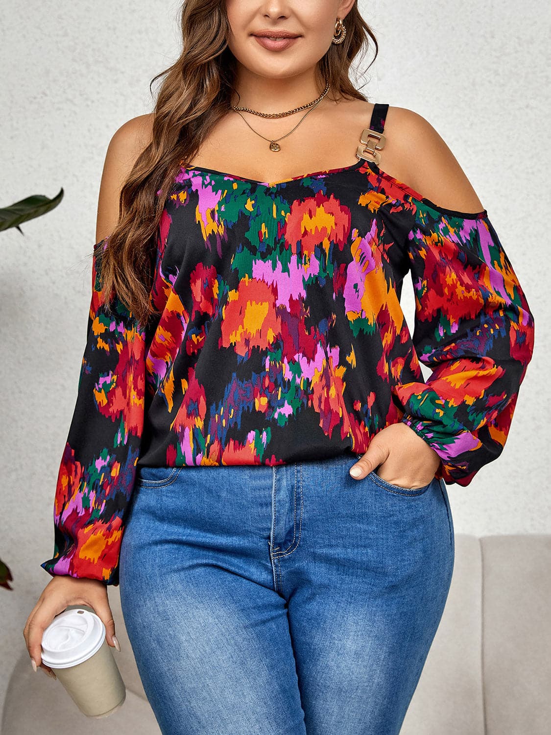 Plus Size Printed Cold Shoulder Long Sleeve Blouse.