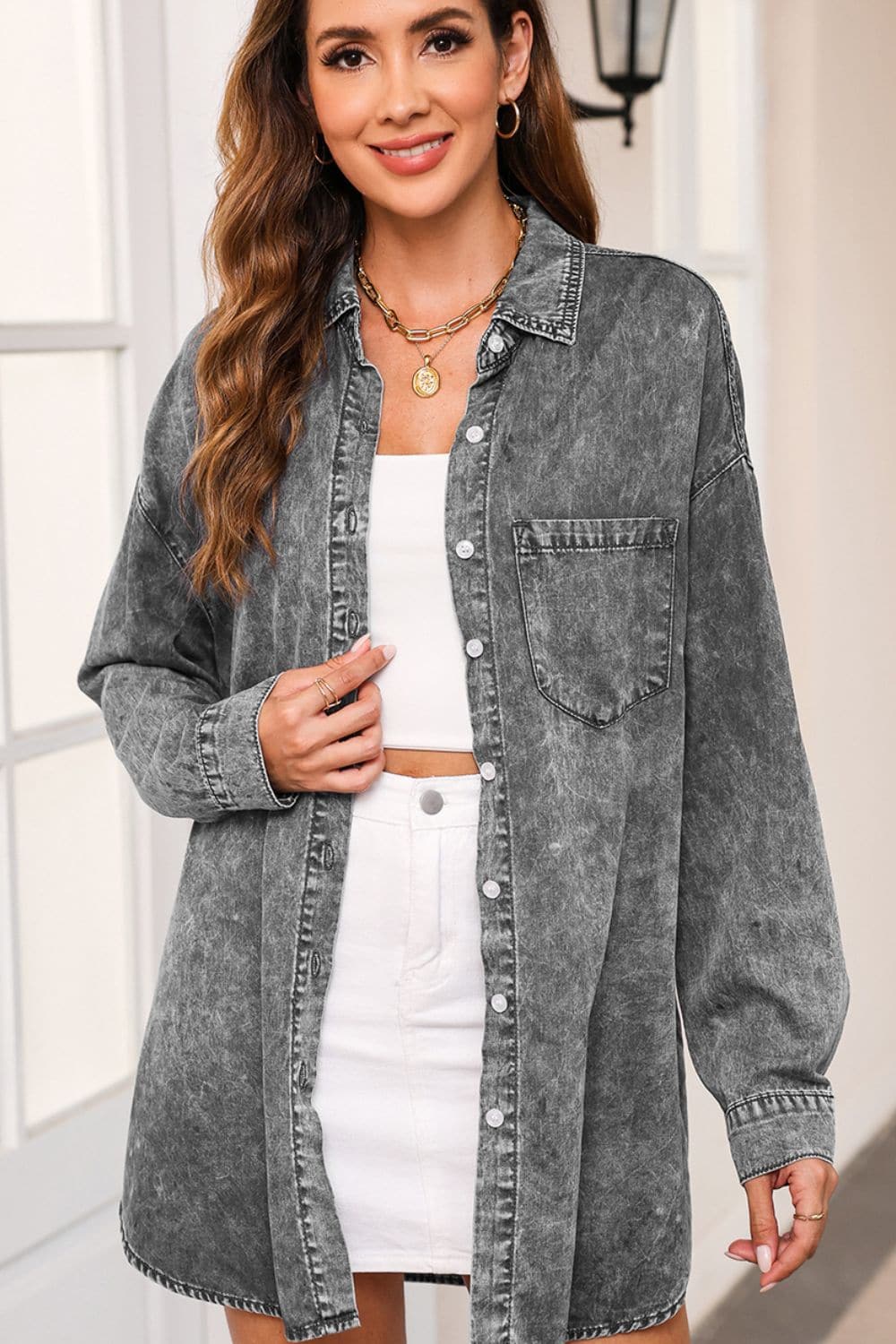 Button Up Dropped Shoulder Denim Top.