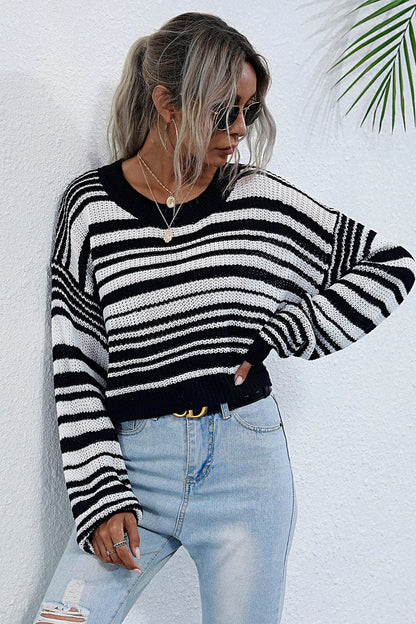 Striped Round Neck Dropped Shoulder Sweater.