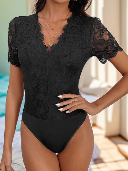 V-Neck Short Sleeve Lace Bodysuit.