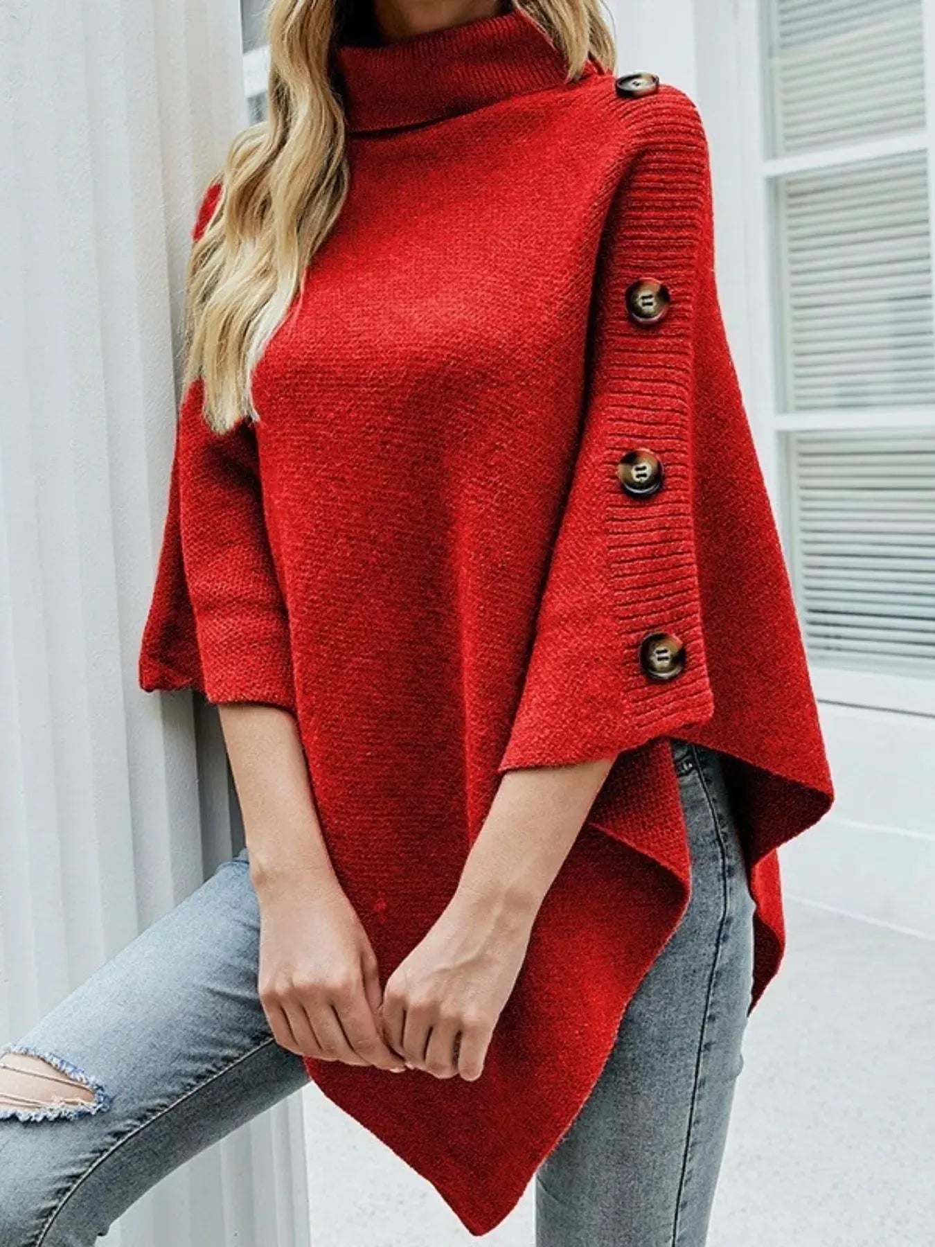Button-Decor Turtleneck Poncho Pullover Simply Love