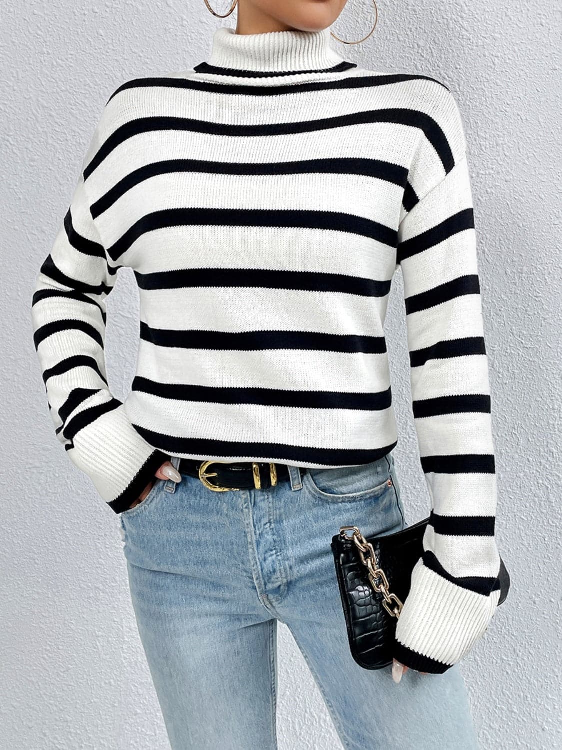 Striped Turtleneck Drop Shoulder Sweater.