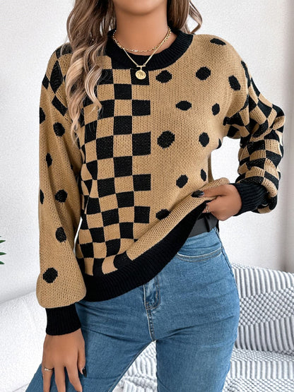 Plaid Round Neck Long Sleeve Sweater.