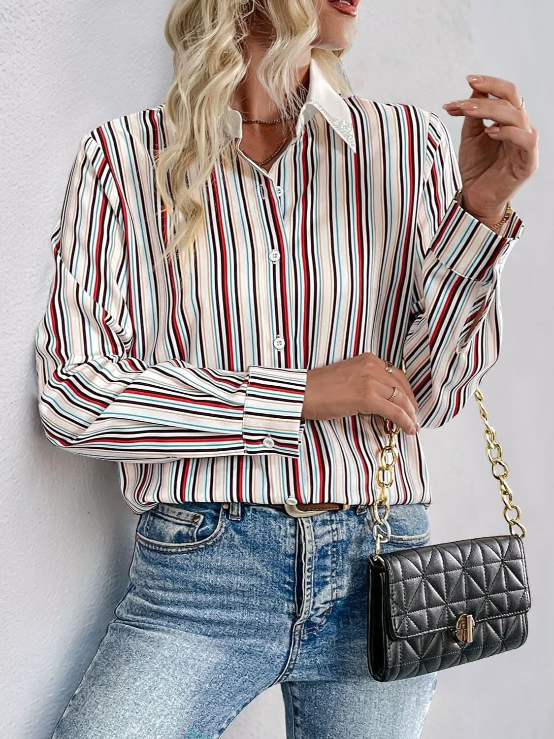 Perfee Striped Button-Up Long Sleeve Shirt with Collared Neck