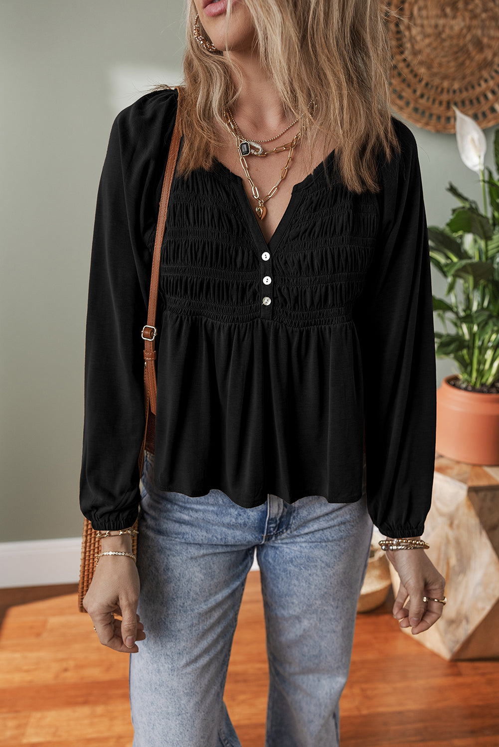 Black Smocked Bust Buttoned Split V Neck Flow Fit Blouse Dear-Lover Dropshipping