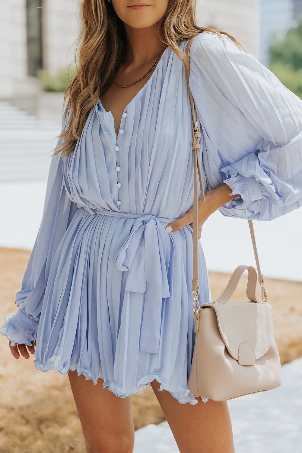 Irene Pleated Ruffled Tie Waist Button V Neck Romper for Women - Love Salve 