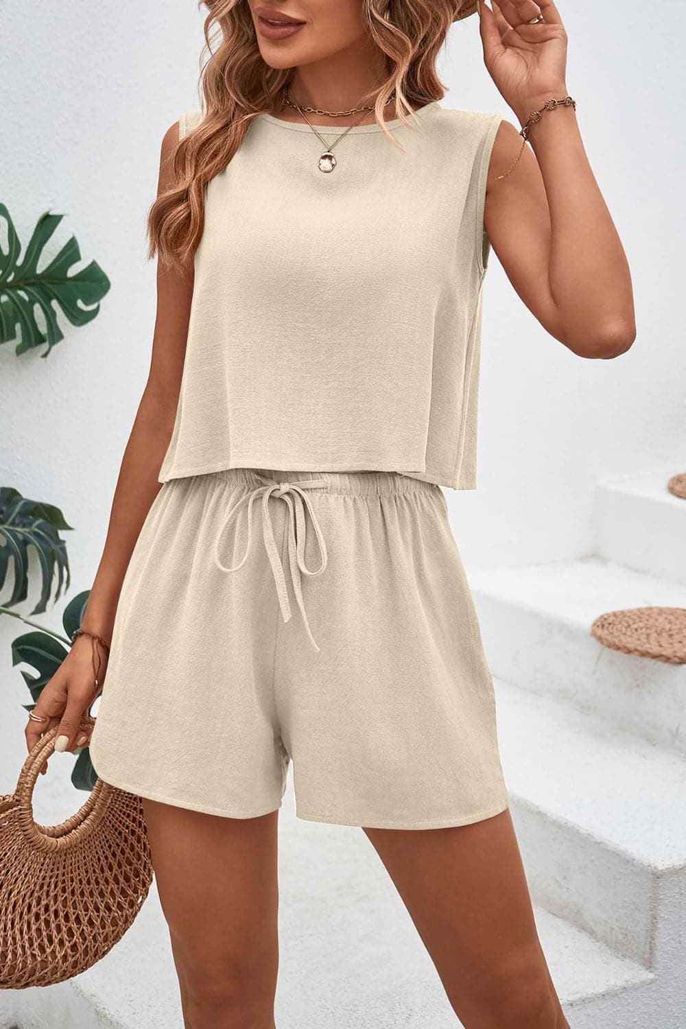 Round Neck Top and Drawstring Shorts Set.