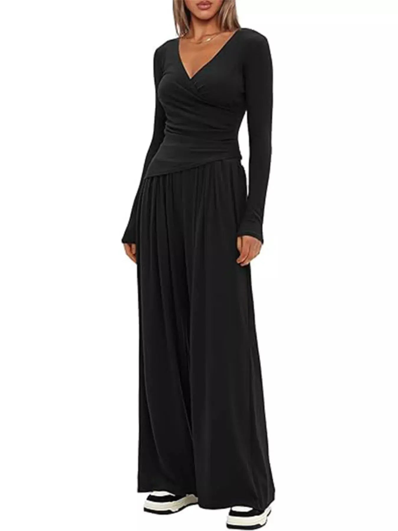 Casual Brown Long Sleeve Wrap Top And Wide Leg Pants Two-Piece Set Simply Love