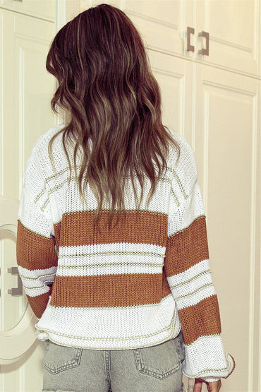 Striped Drop Shoulder Lantern Sleeve Sweater.