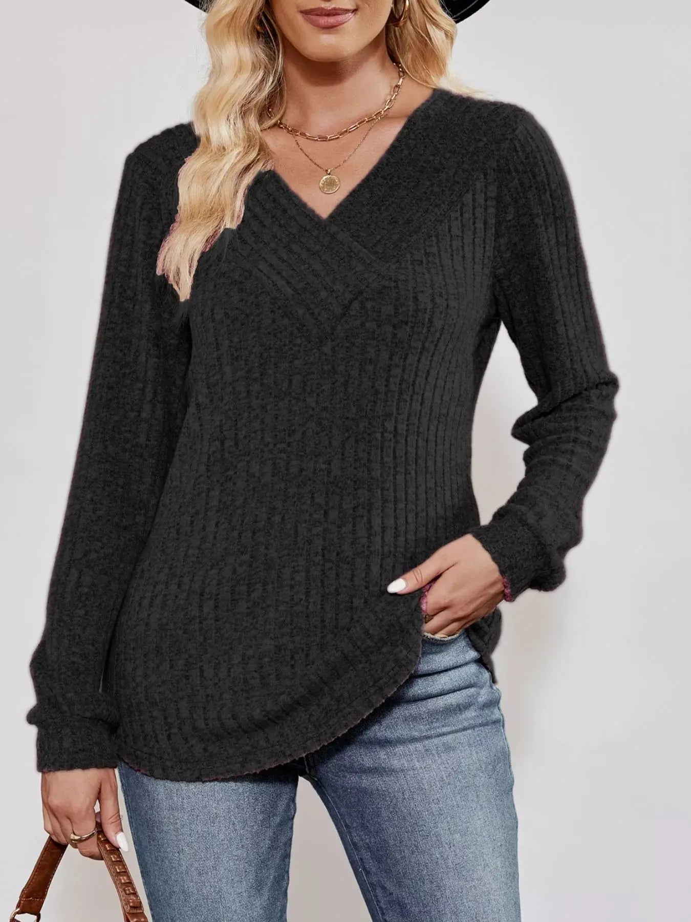 Ribbed Knit V-Neck Long Sleeve T-Shirt Simply Love