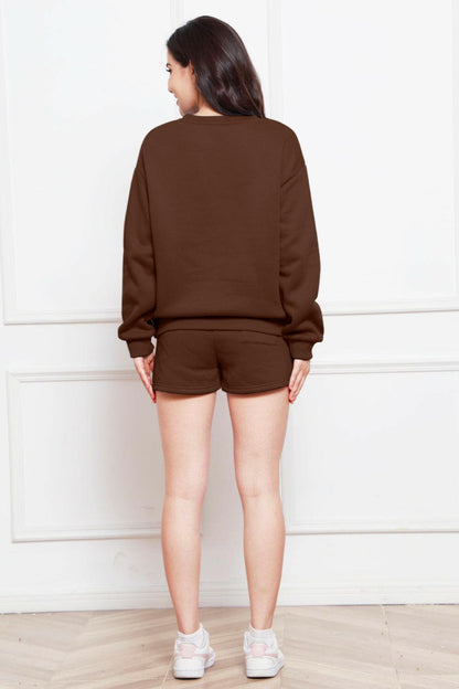 Round Neck Long Sleeve Sweatshirt and Drawstring Shorts Set.