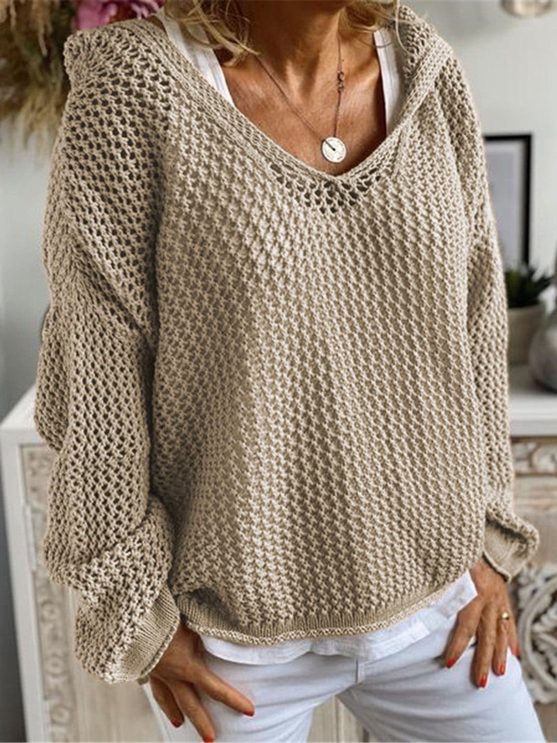 Openwork Hooded Long Sleeve Sweater.