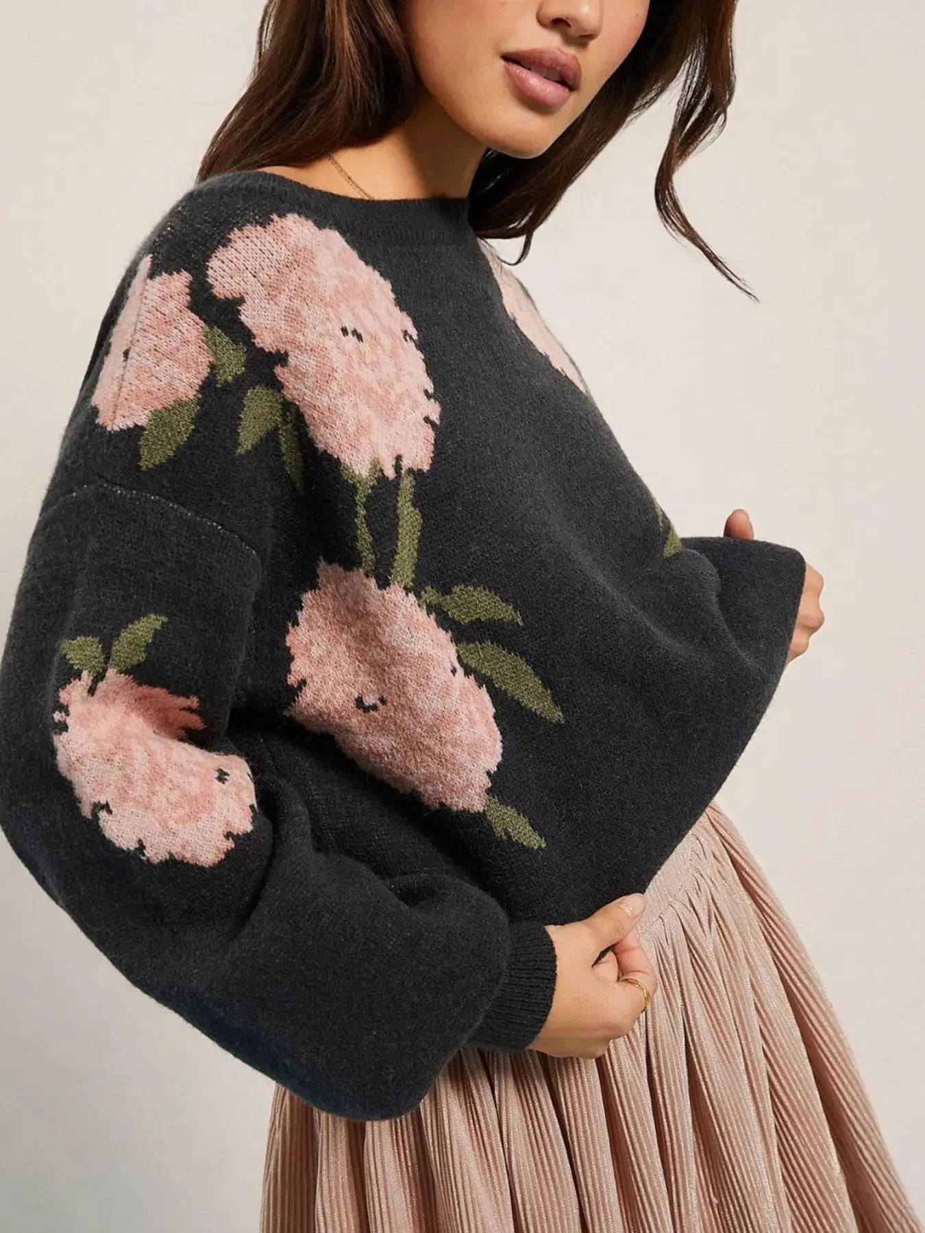 Floral Boat Neck Long Sleeve Sweater Simply Love