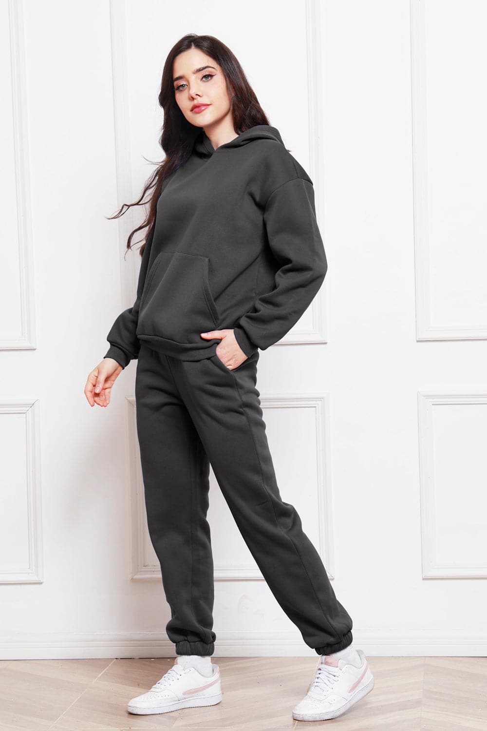 Drop Shoulder Long Sleeve Hoodie and Pants Set.