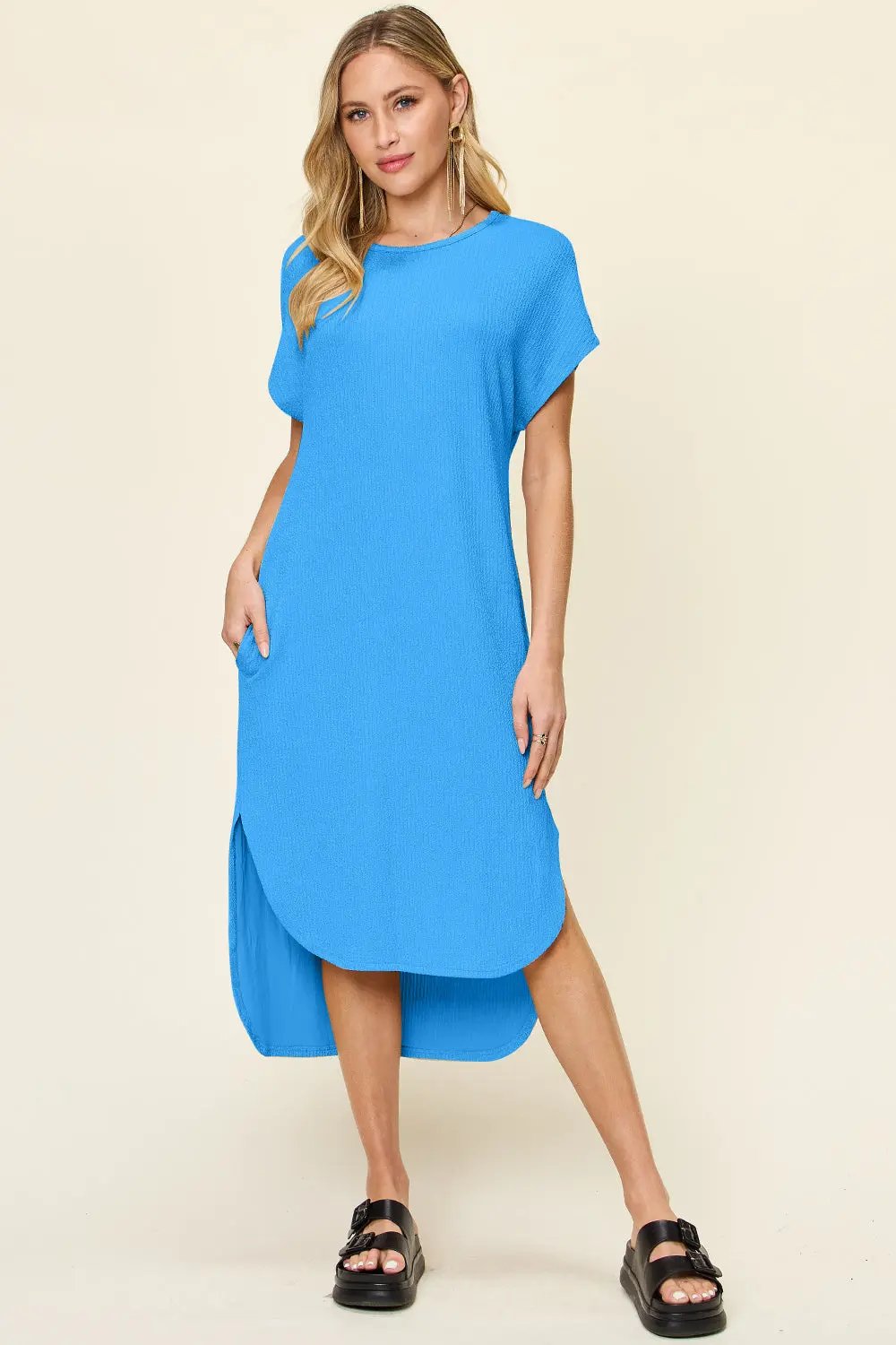 Double Take Full Size Round Neck Short Sleeve Slit Dress - Love Salve