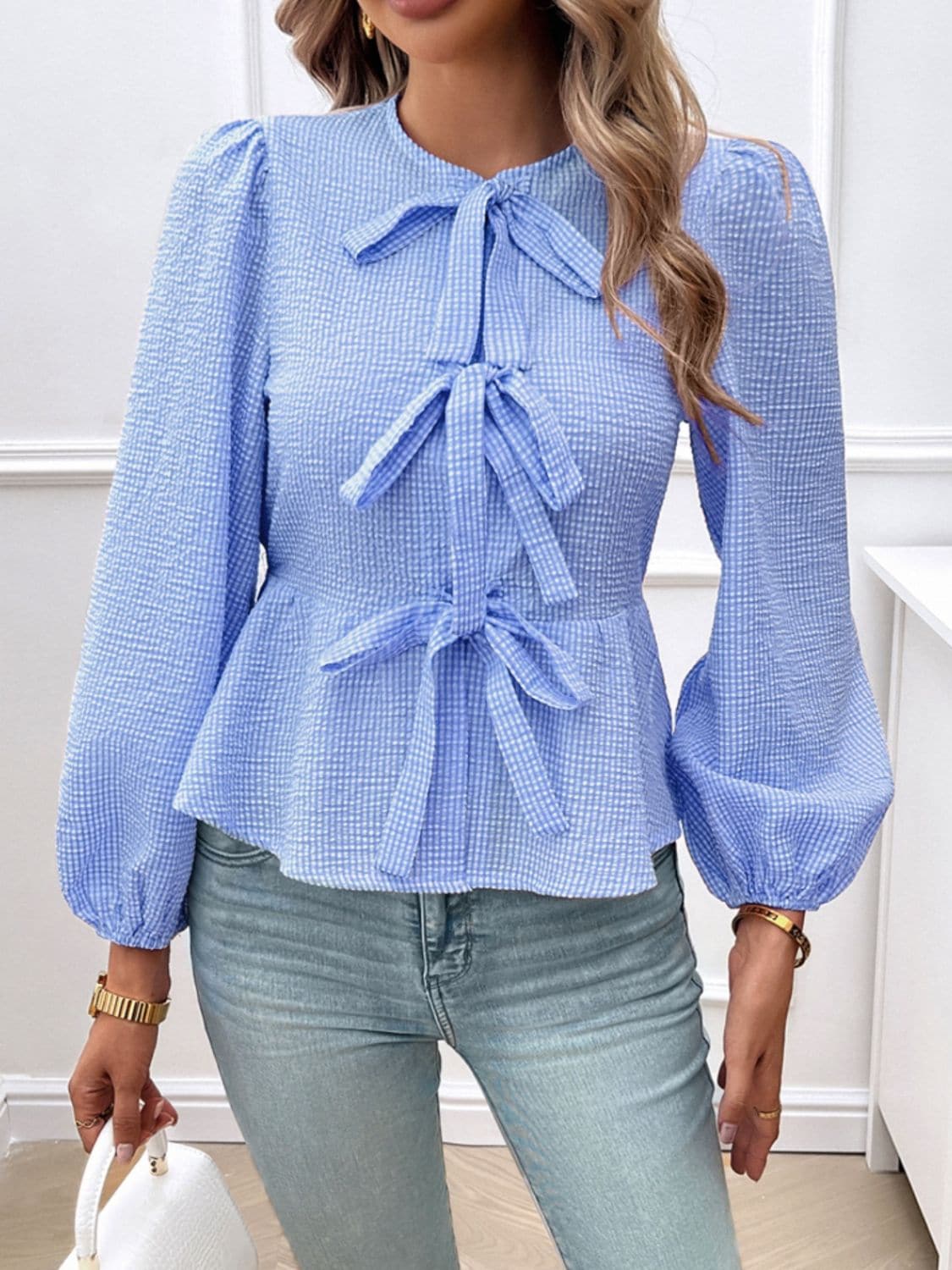 Tied neck sheer long sleeve blouse