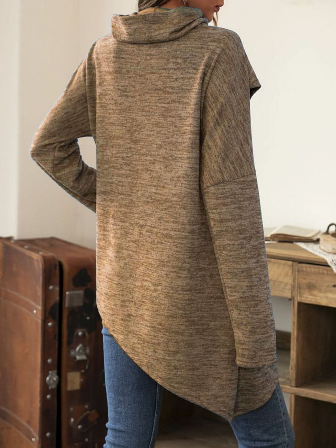 Asymmetrical hem cowl neck tee