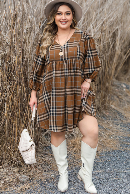 Chic brown plaid plus size babydoll dress with frilled sleeves