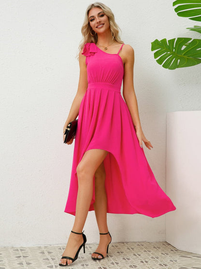 Bow Asymmetrical Neck Sleeveless Dress.