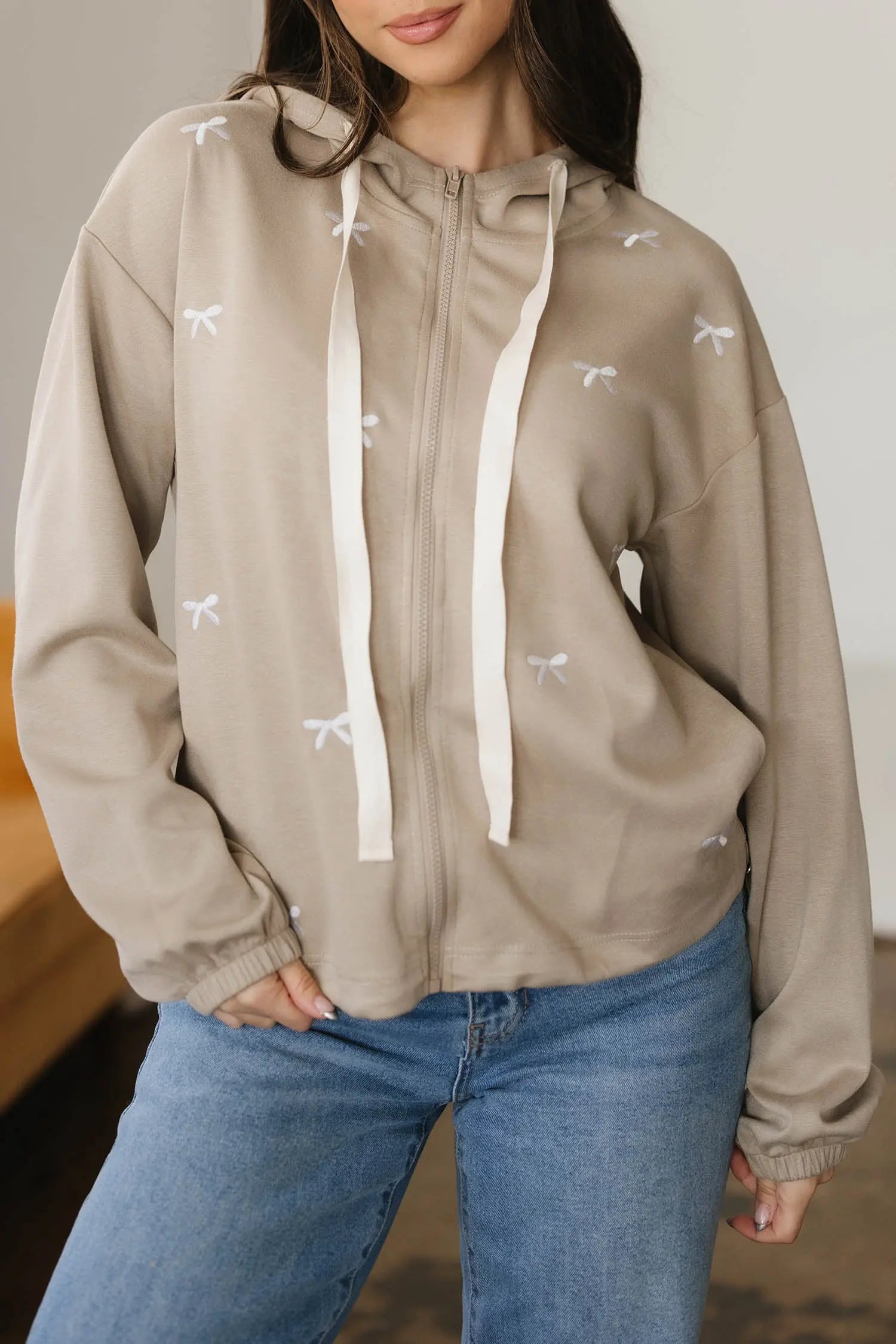Dear-Lover Khaki Hoodie Women's Casual Streetwear Jacket Zip-Up Bow Detail Comfortable Dear-Lover Dropshipping