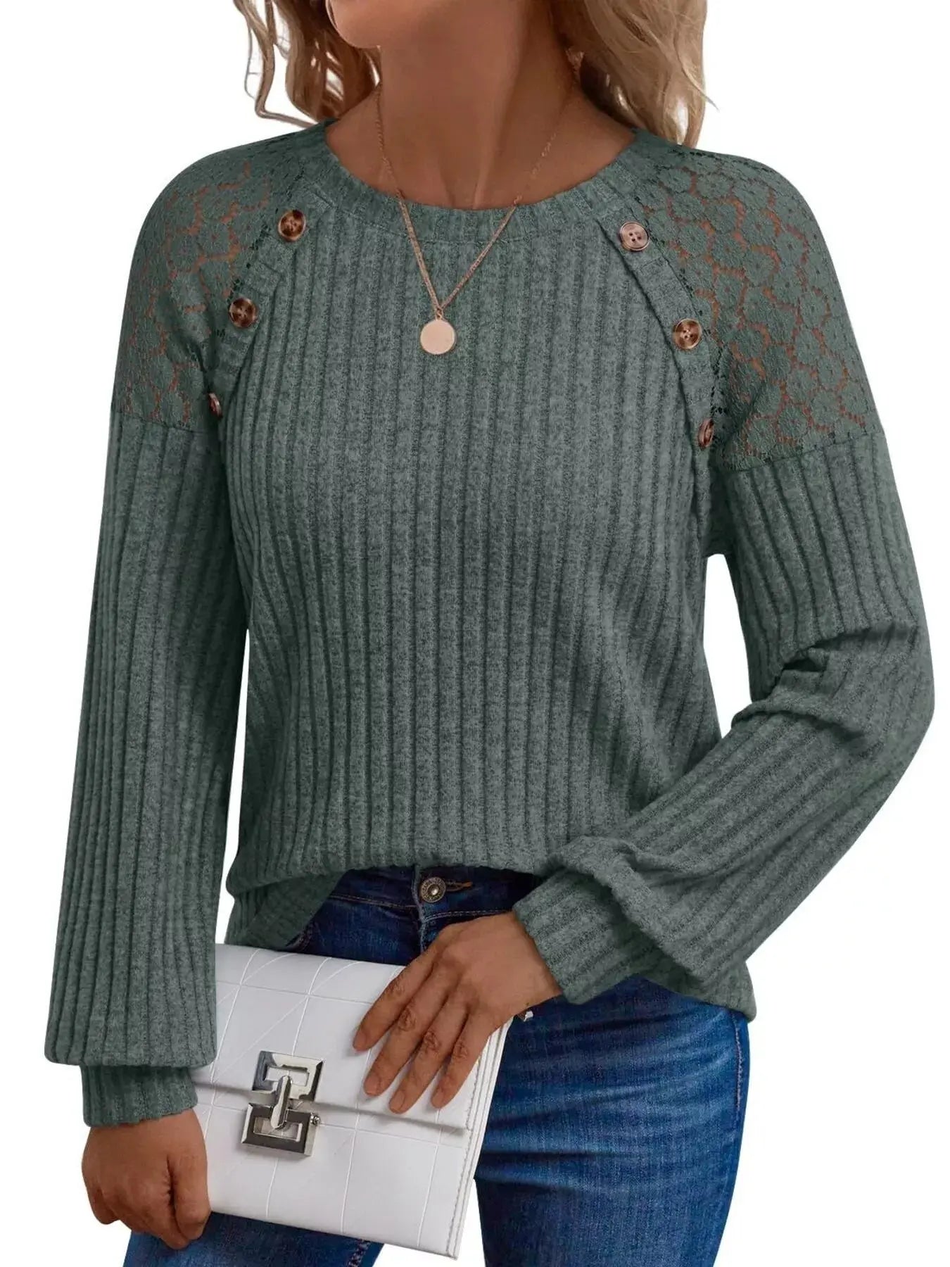 Ribbed Knit T-Shirt with Lace Shoulder Detail Simply Love