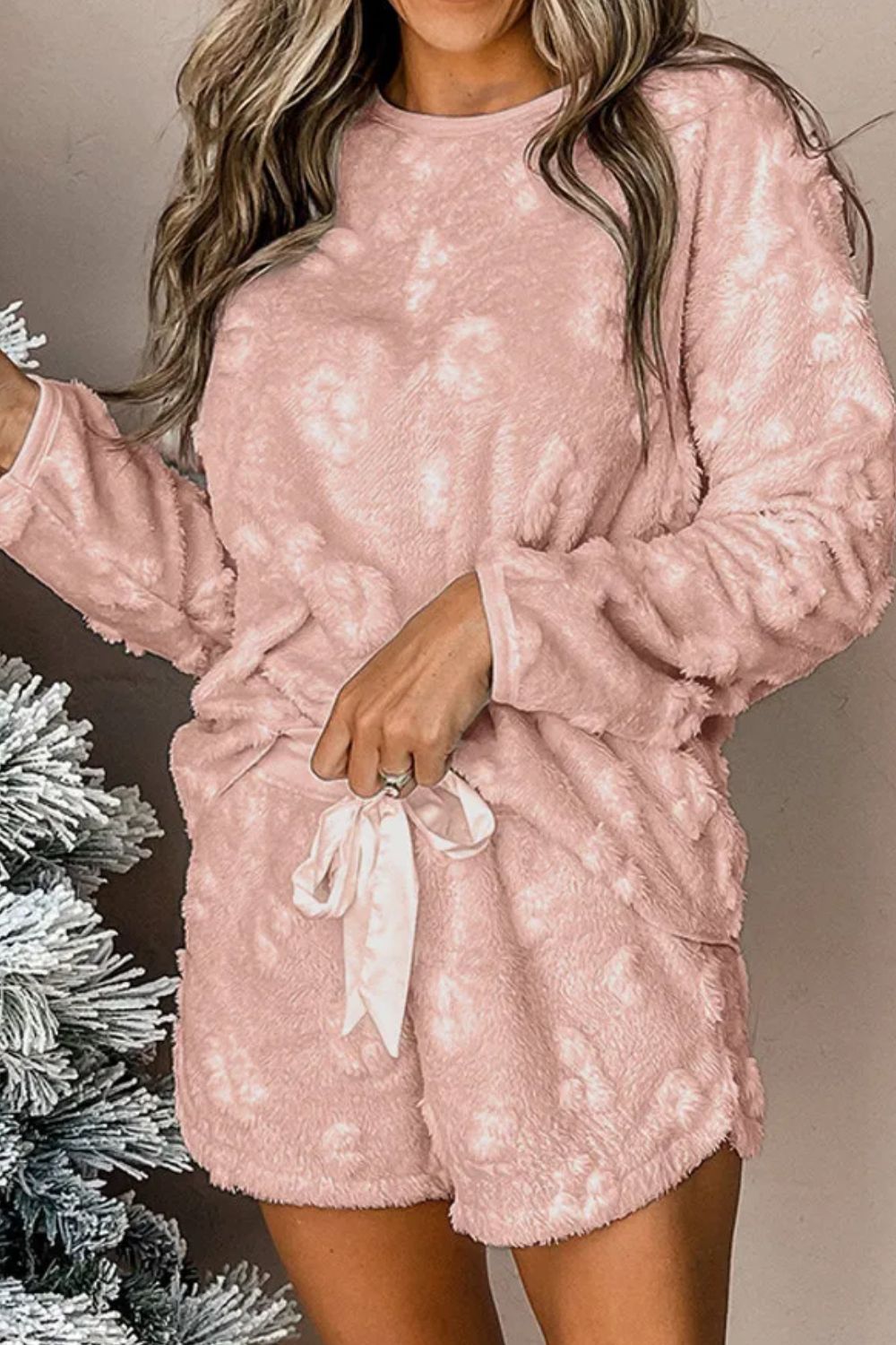 Cozy round neck long sleeve top and shorts lounge set