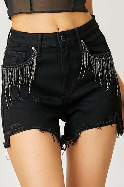 RISEN Frayed Hem Denim Shorts with Fringe Detail Pockets.