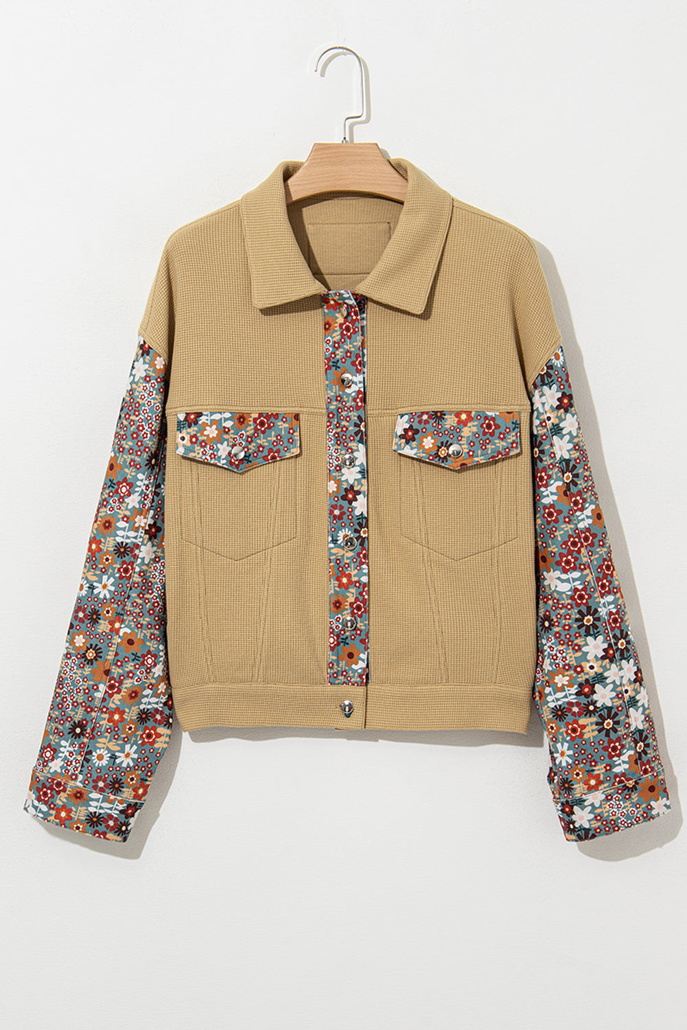 Khaki floral patchwork button-up jacket in cozy waffle knit