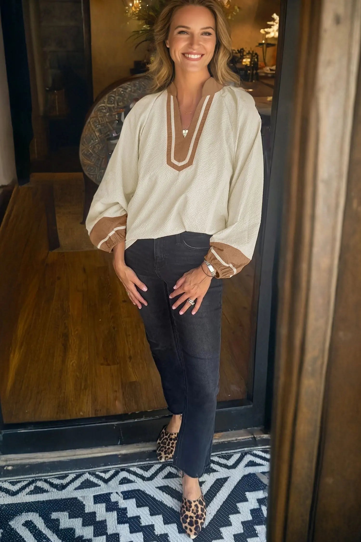 Jet Stream Color Block Patchwork V Neck Textured Long Sleeve Blouse Dear-Lover Dropshipping