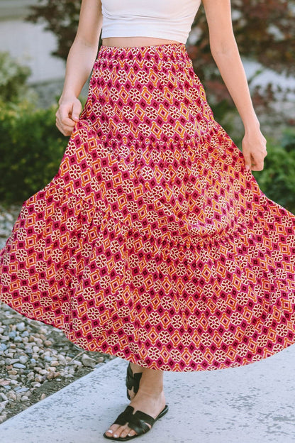 Geometric Elastic Waist Tiered Skirt.