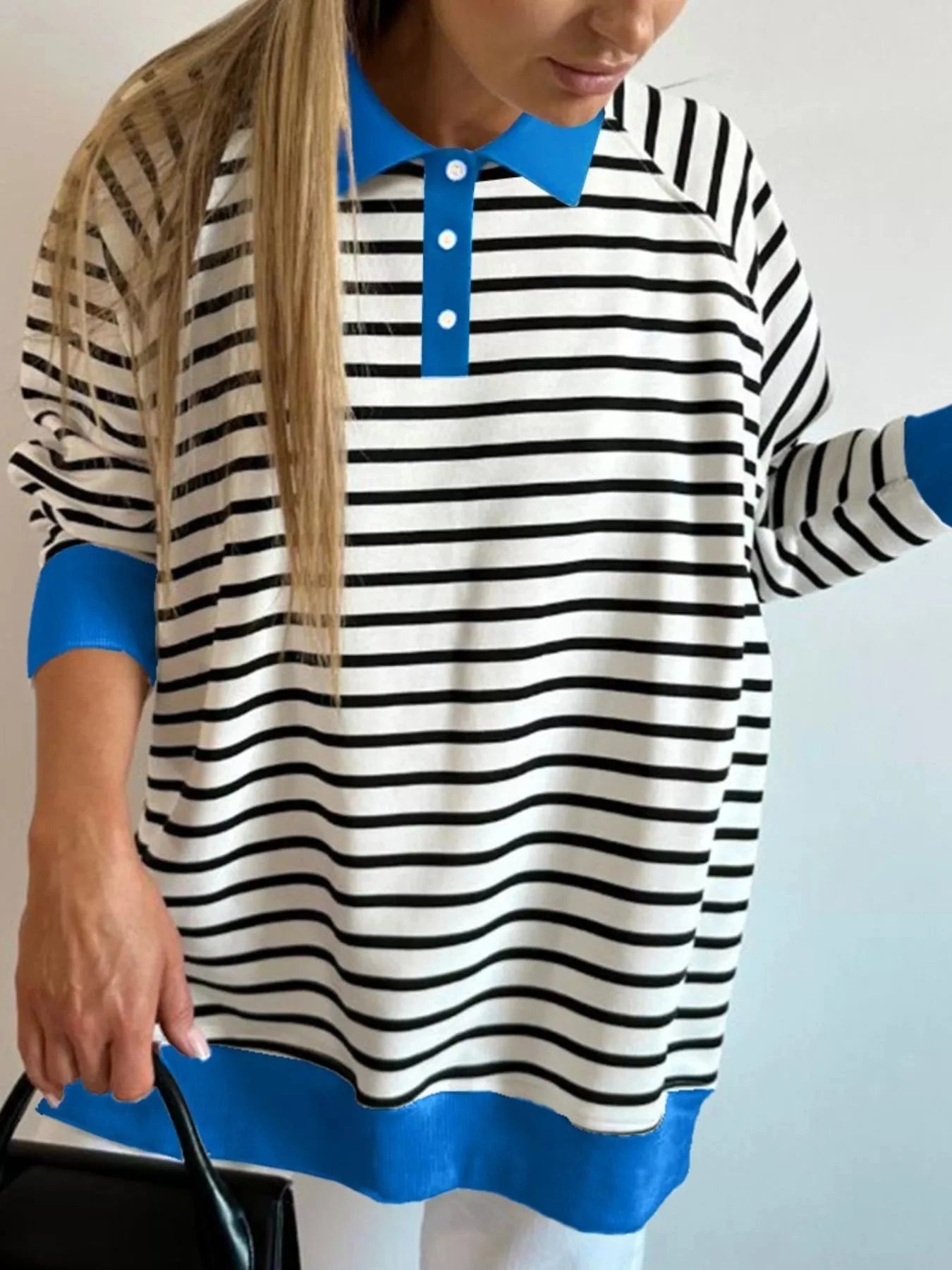 Striped Polo Collar Long Sleeve Sweatshirt With Buttoned Slit Simply Love