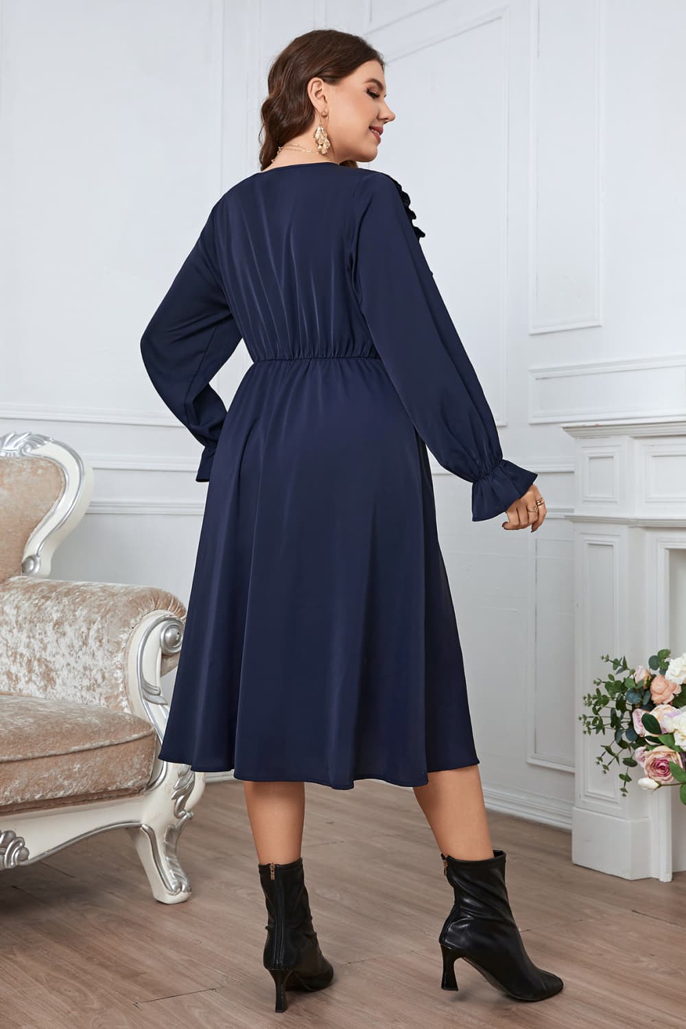 Melo Apparel Plus Size V-Neck Buttoned Flounce Sleeve Dress.