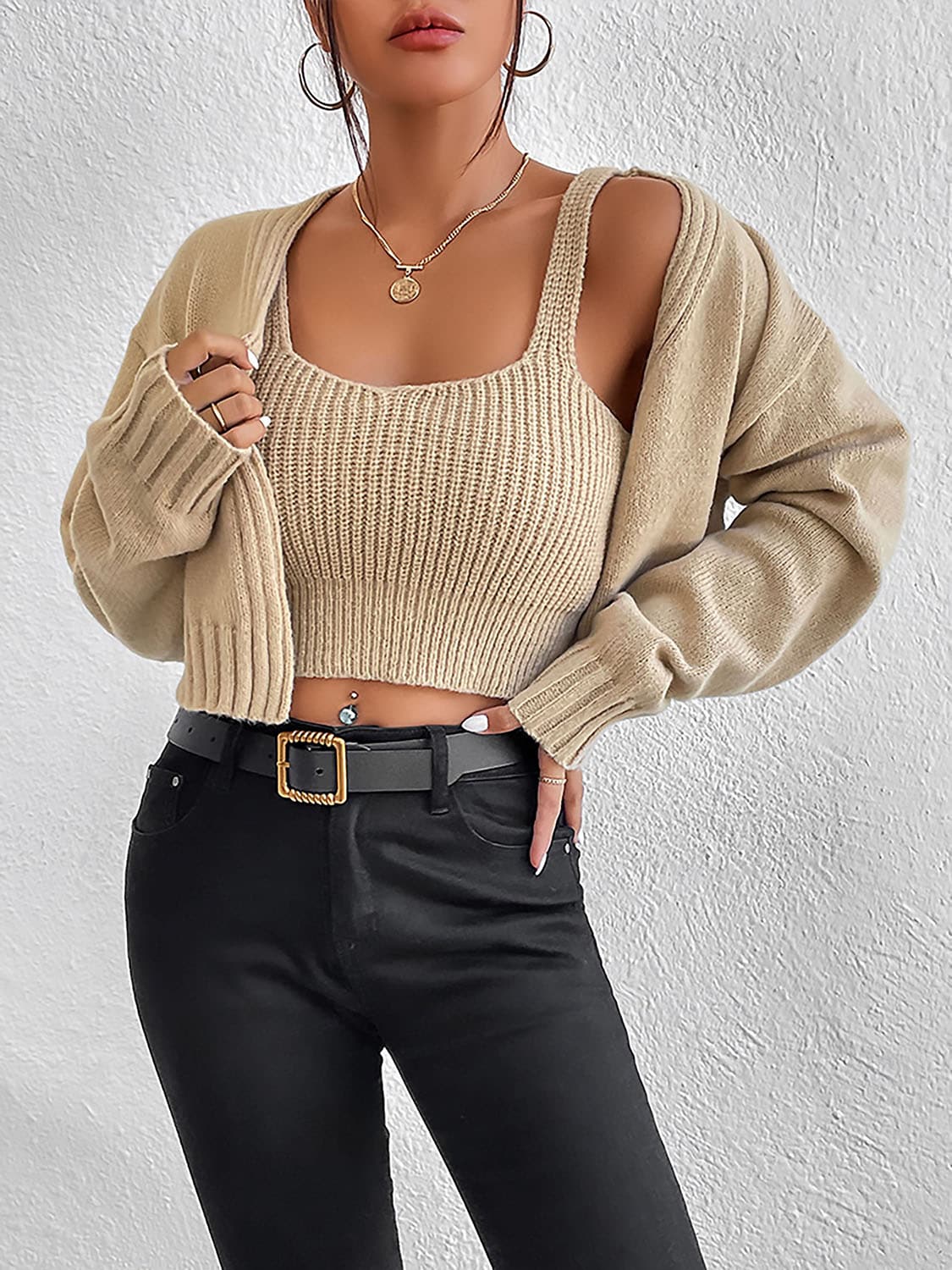 Plain Sweater Cami and Cardigan Set.