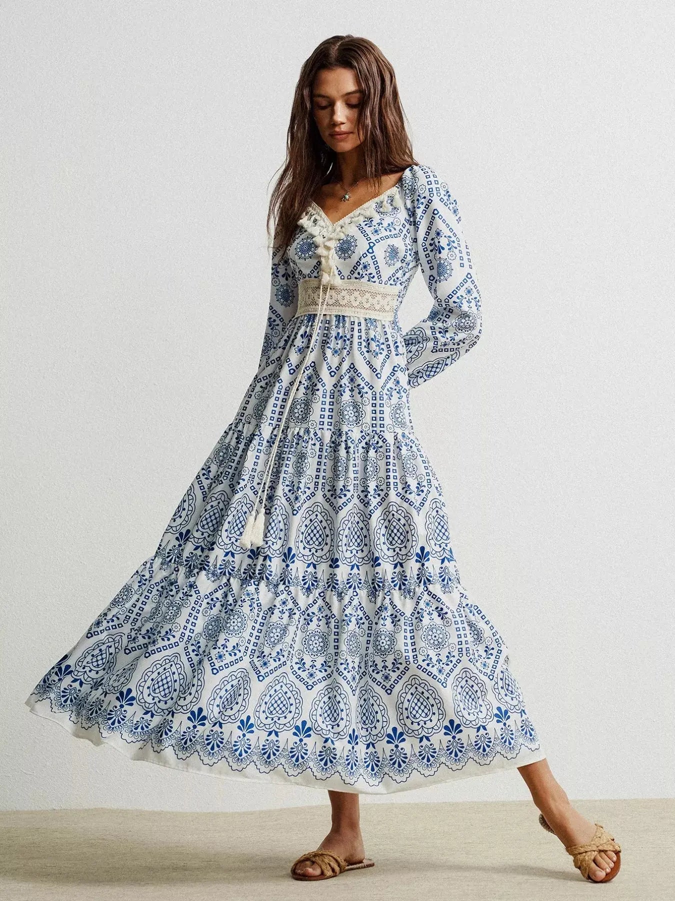Bohemian Print Midi Dress with Tassel Detail Simply Love