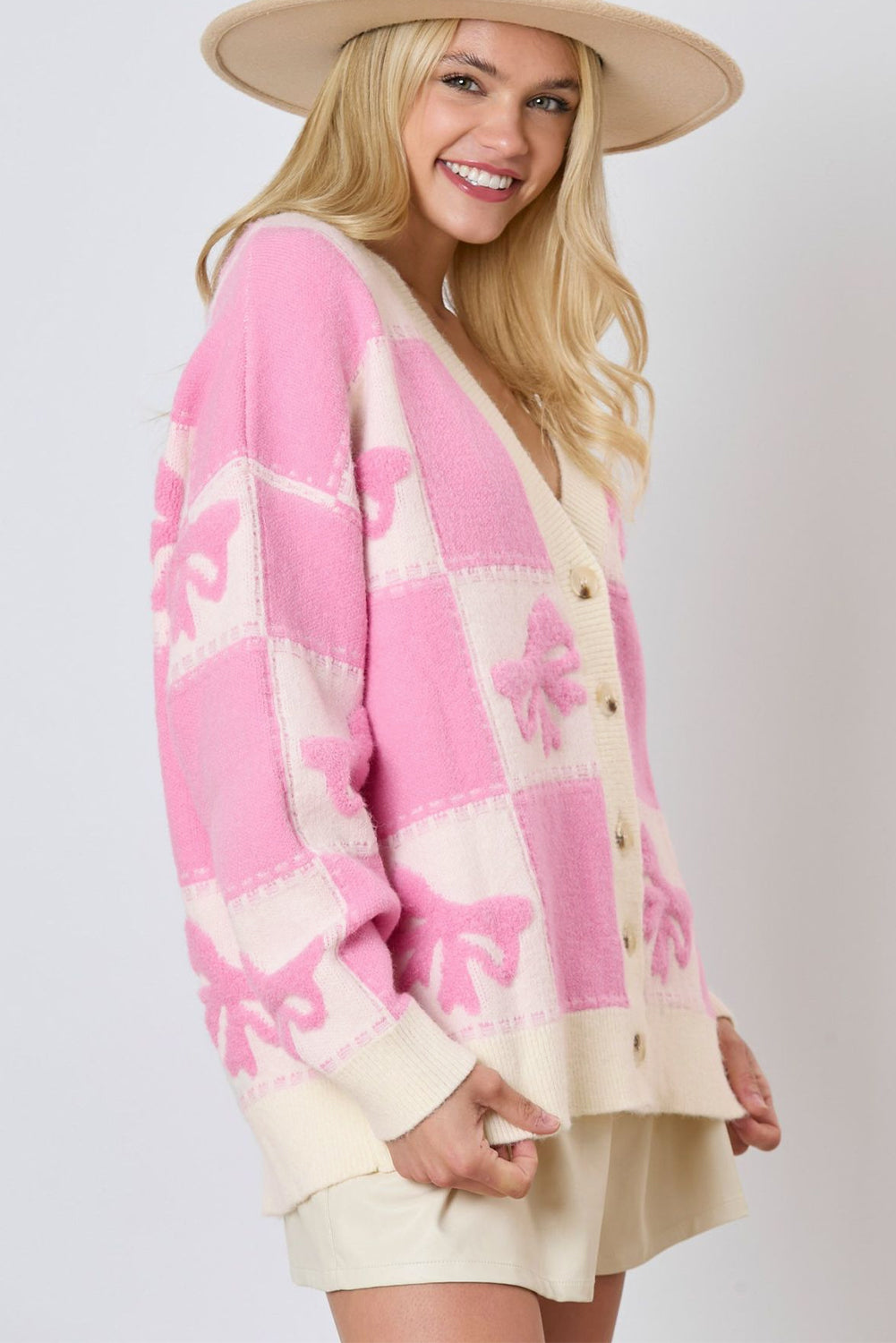 Pink Checkered V-Neck Cardigan with Bow Knot and Drop Shoulder Design