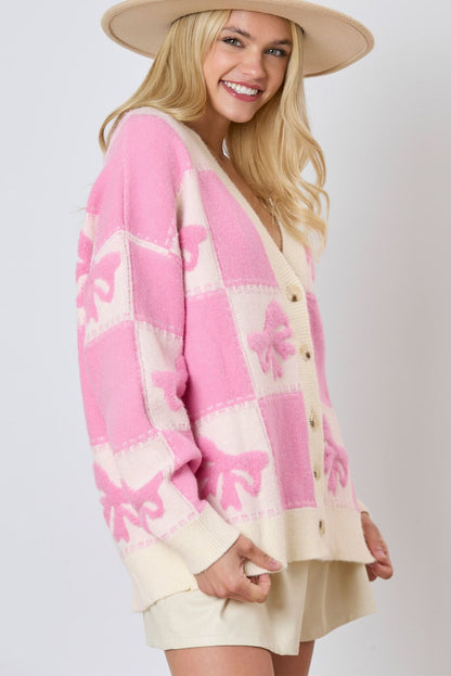 Pink Checkered V-Neck Cardigan with Bow Knot and Drop Shoulder Design