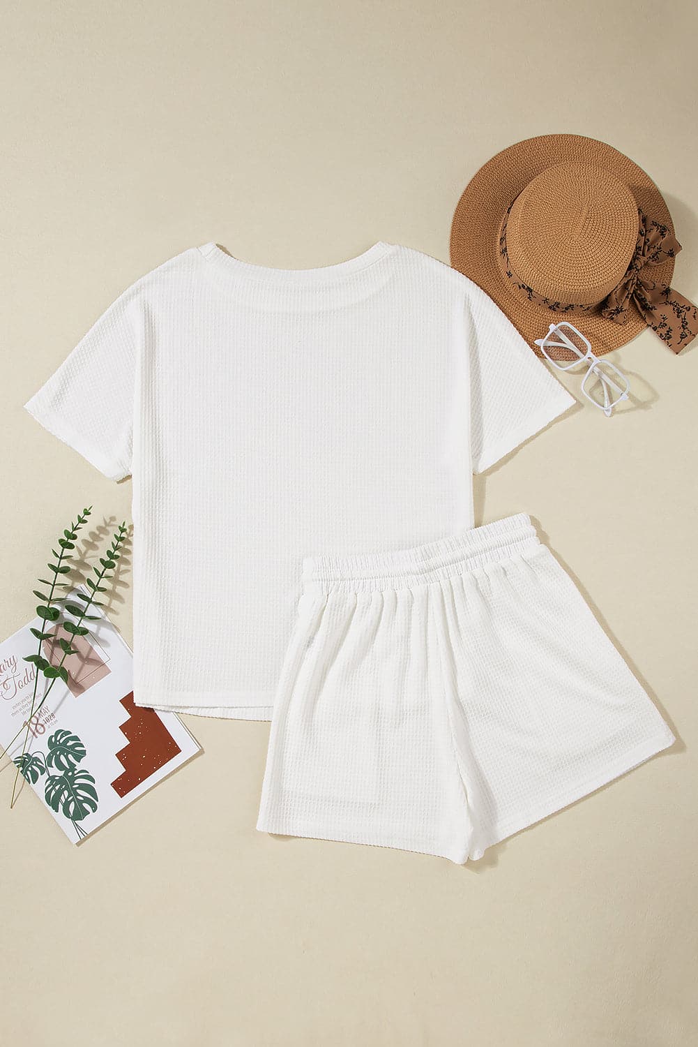 Round Neck Short Sleeve Top and Drawstring Shorts Set.