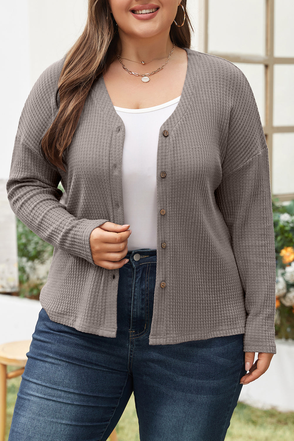 Cozy taupe waffle knit plus size V-neck top with button details