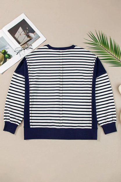 Chic striped long sleeve sweatshirt with exposed seams