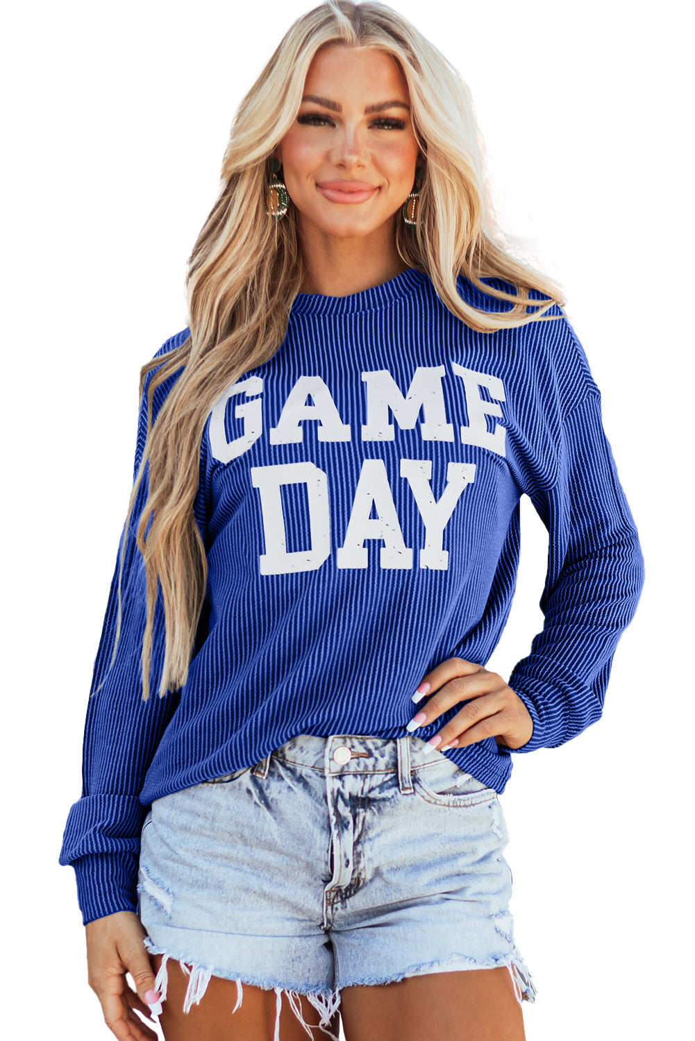 Bluing Corded GAME DAY Graphic Long Sleeve Crewneck Top Love Salve