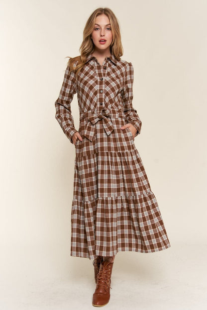 Chic plaid tiered midi shirt dress for effortless style