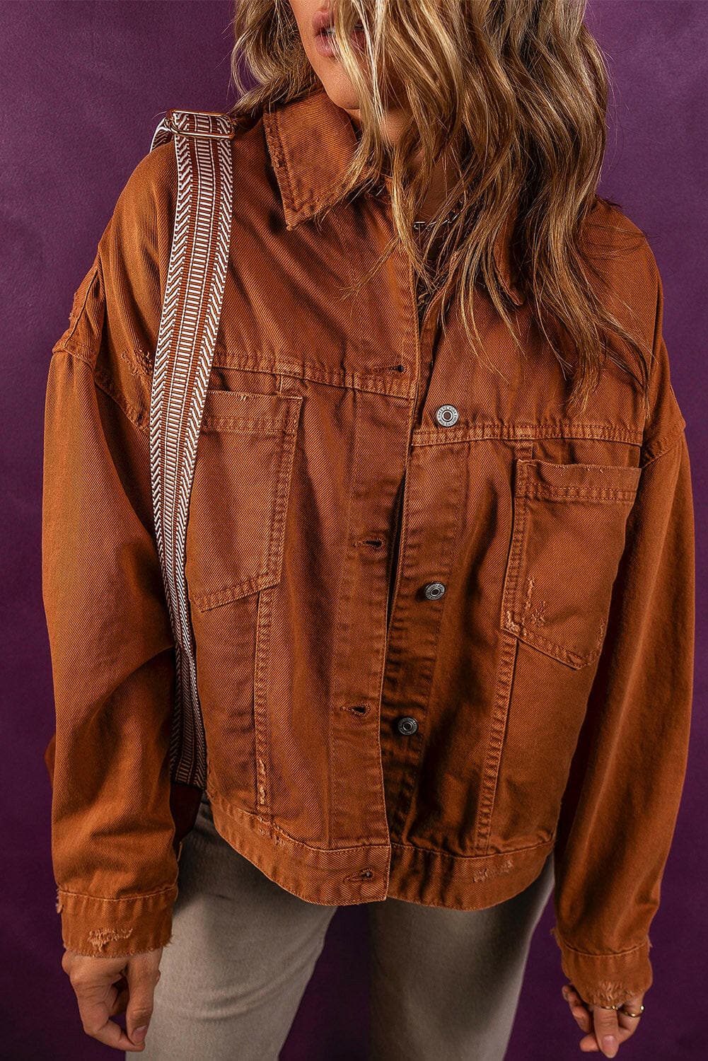 Collared Neck Button-Up Denim Jacket.