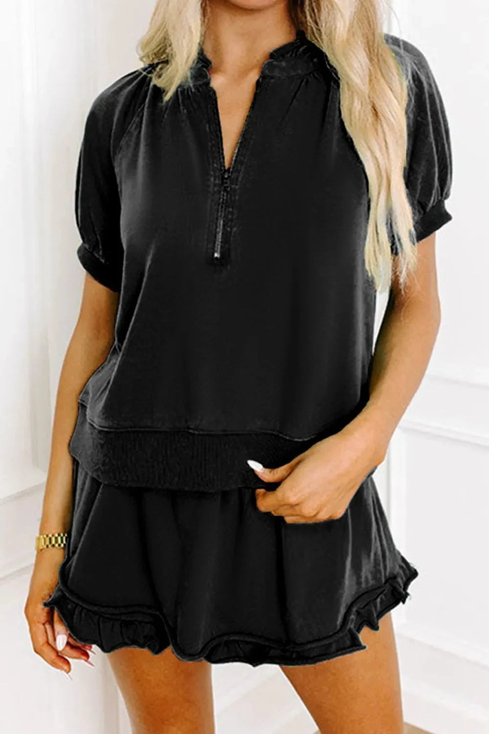 Frill Zip Front Puff Sleeve Top and Skort Set Simply Love