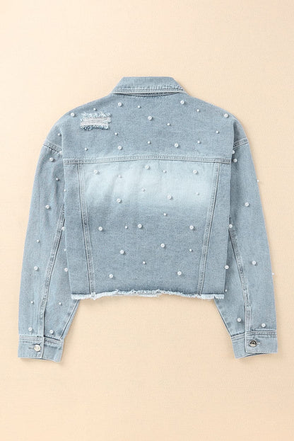 Distressed Pearl Trim Button Up Denim Jacket.