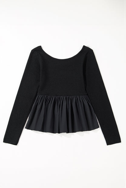 Black Ribbed Knit Long Sleeve Scoop Neck Peplum Patchwork Top