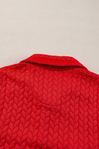 Tomato red cable knit quarter zip pullover with pockets in plus size