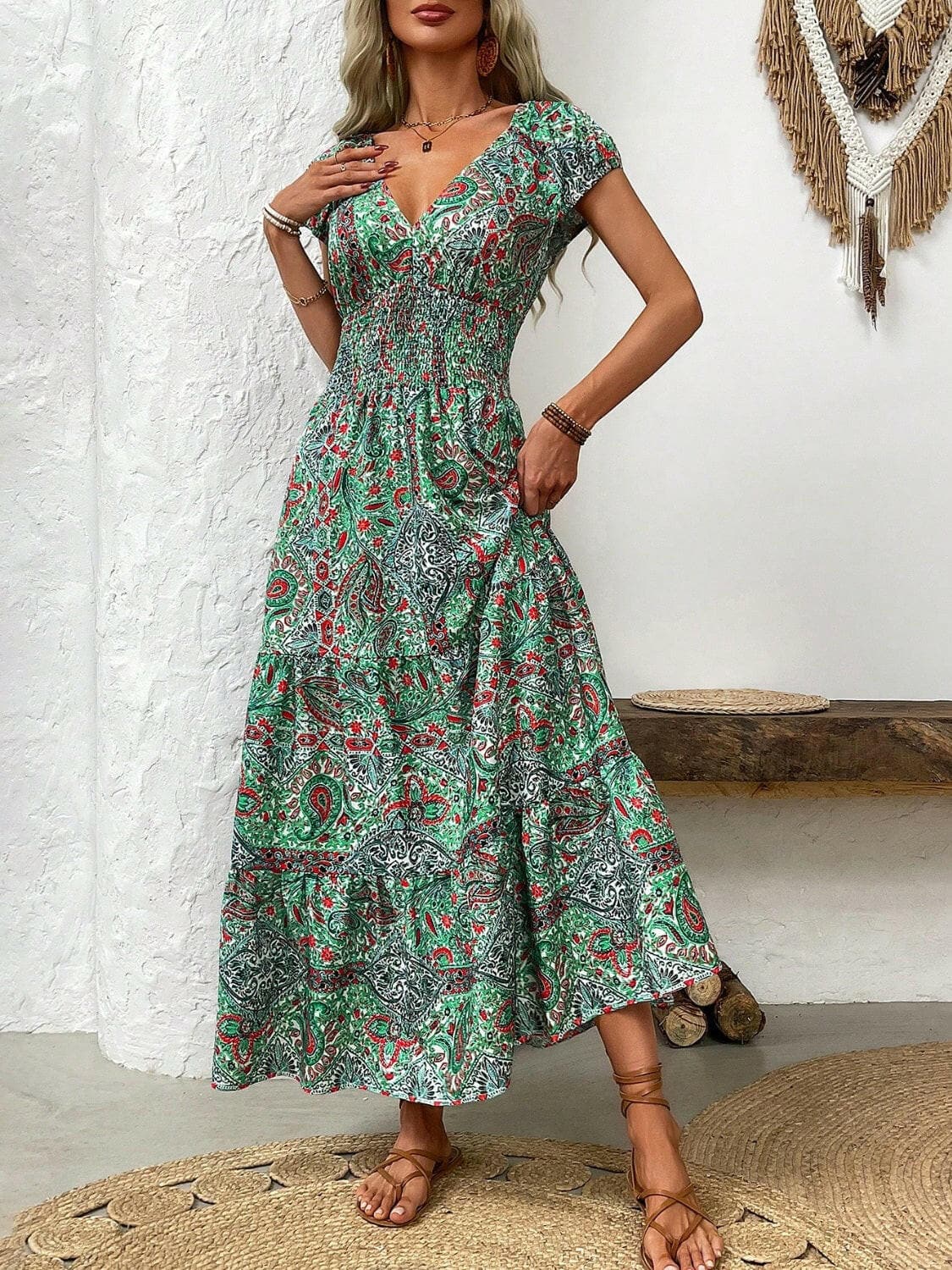 Smocked Printed Cap Sleeve Midi Dress.